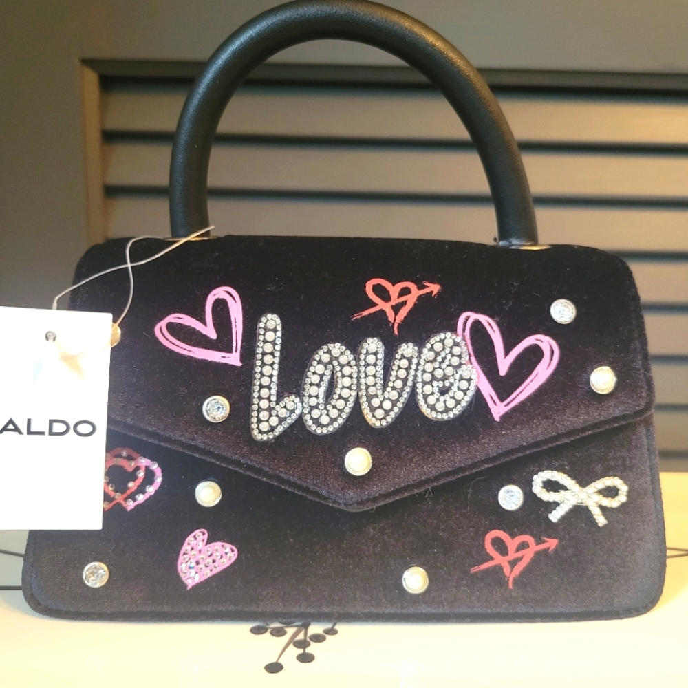 Aldo Black and Pink Velvet Embellished Women's Bag